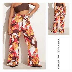 NWT Faithfull the Brand Celvia Ulani Floral Print Cotton Pant Sz. 2 Brown White